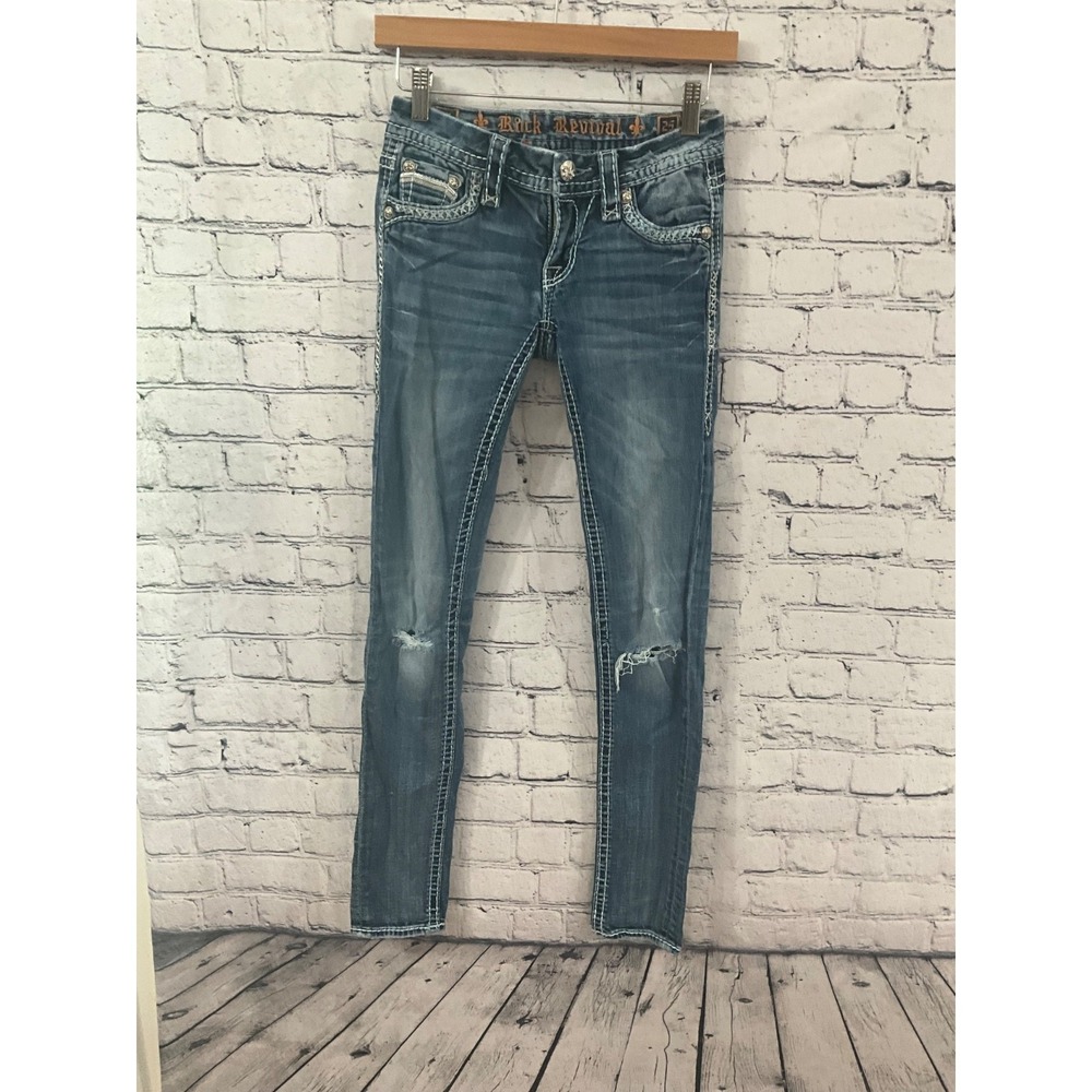 Rock Revival Women's Size 25 Essie Skinny Blue Distressed Jeans Hole